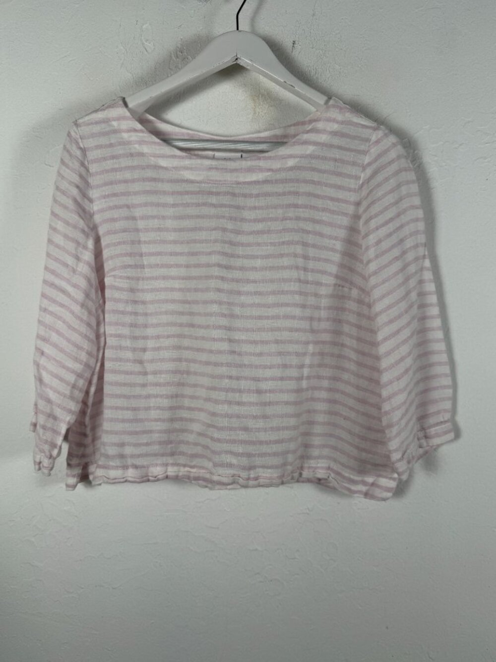 H Halston Womens Pink White Striped Linen Blend Crop Top Blouse 3/4 Sleeve Large